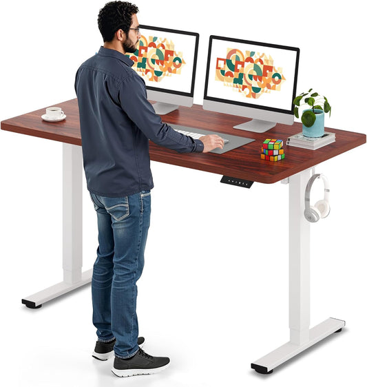 SANODESK Electric Standing Desk 55 x 28 Inches Whole-Piece Desktop Height Adjustable Stand Up Desk w/6-Button Controller Ergonomic Computer Desk for Home Office, White Frame + Mahogany Tabletop