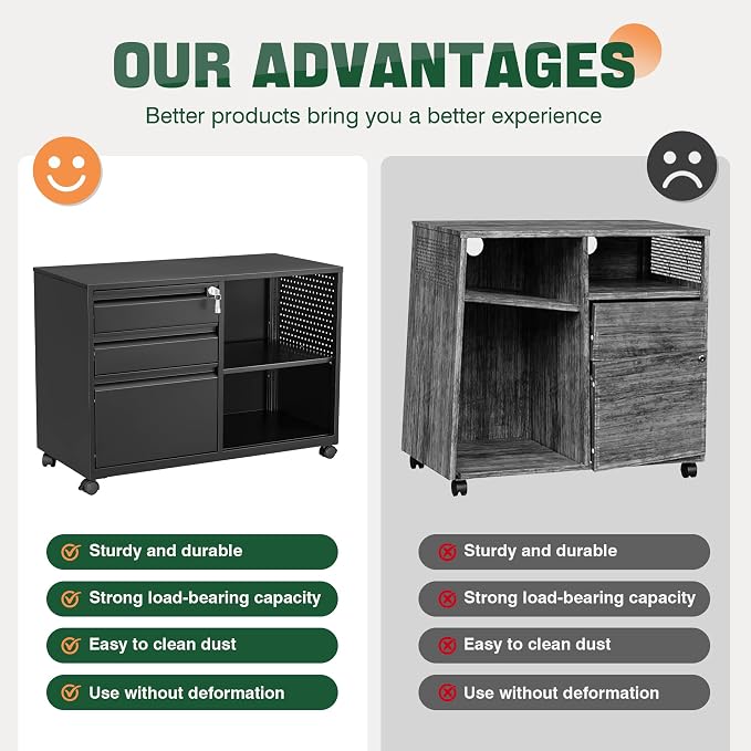 Mobile 3 Drawer File Cabinet with Lock-Metal Lateral Rolling Printer Stand Filing Cabinets for Home Office-Storage A4/F4/Letter (Black)