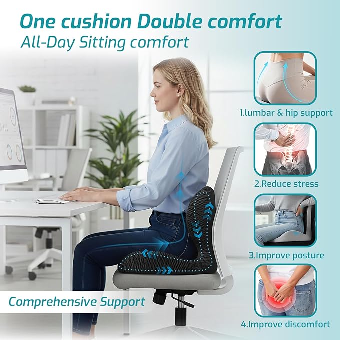 Seat Cushion,Office Chair Cushion with Lumbar Support Pillow,Ergonomic Design for Long Sitting,Sciatica,Back Pressure Relief,Back Support Cushions for Car,Truck,Office Chair