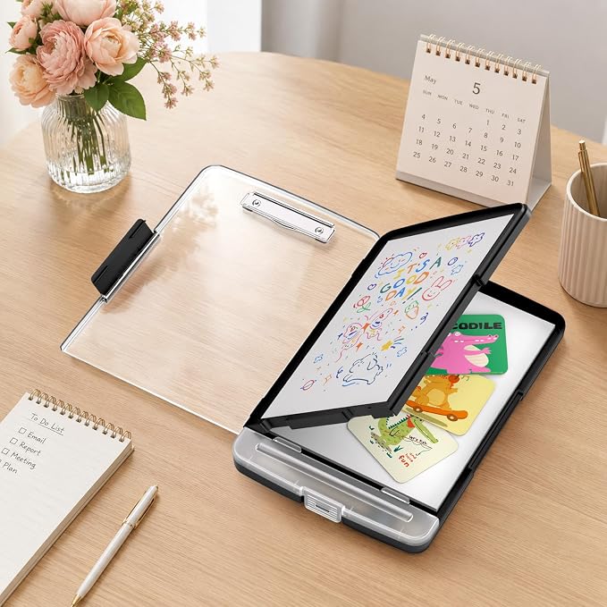 Clipboard with Storage and Pen Holder, Black 8.5 x 11'' Folder Side Open, Heavy Duty with Dual Compartment, Clear Dry Erase for Coach, Size 14.5 x 9.8 x 1.5'', Office & School Supply