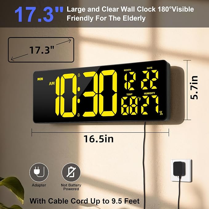 17.3"Large Digital Wall Clock 15 Color Modes Display 8 Color Night Light | Large Number, Elderly-Friendly, Auto-Dimming/DST, Wall Mounted for Home Garage Gym Classroom Office,Gift for Senior Mom Dad