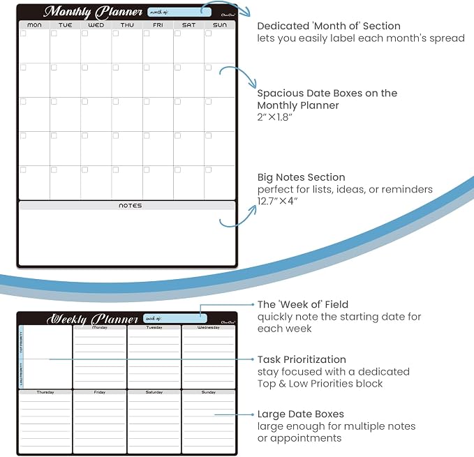 Magnetic Dry Erase Monthly Calendar Set - 15.5"x13" Monthly and 8.5"x13" Weekly Calendar for Fridge - 6 Extra Fine Point Markers Included - Shipped Flat