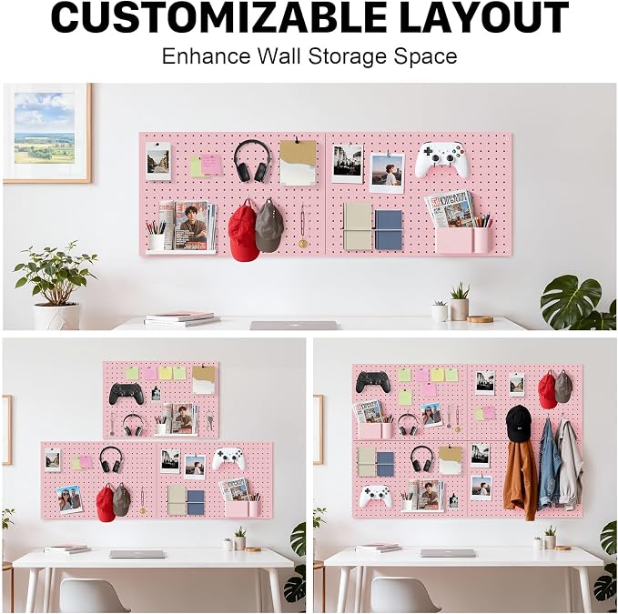 Peg Board, 3 Pack Metal Pegboard Panels Pink Pegboards Wall Organizer with Frame Large Heavy Duty Peg Board with Hooks for Walls Home, Garage Tool Storage, Office, Craft Room, Kitchen 24”×16”