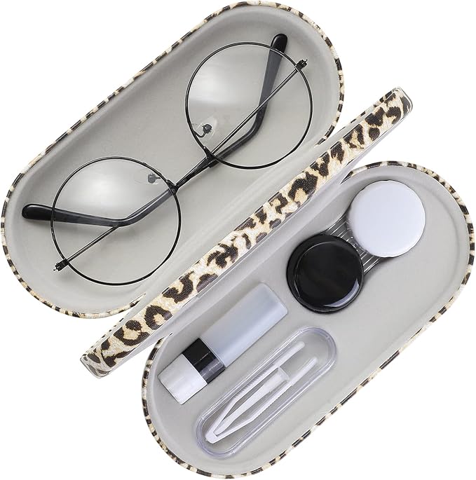 MoKo Double Eyeglass Case, Contact Lens Case with Mirror Tweezers Remover, 2 in 1 Double Sided Portable Contact Lens Box Holder Container Storage Kit Sunglasses Pouch for Men & Women, Leopard