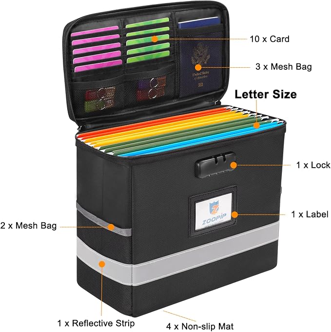 Fireproof File Box with Lock, Document Box Storage Organizer, Suitable for Hanging File Folders in Letter Size, Collapsible File Box, Reflective Strip for Fast Find (12.2"*6"*10.2 (Black, 2Pcs) | Suitable for Hanging Folders in Letter Size, Reflective ...