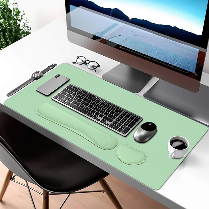 Mouse Pad and Keyboard Wrist Rest, 3-in-1 Keyboard and Mouse Pad | 31.5" x 15.7" Green Desk Mat Set, Ergonomic Wrist Rest for Computer Keyboard, Non-slip Base, Waterproof Computer Mat