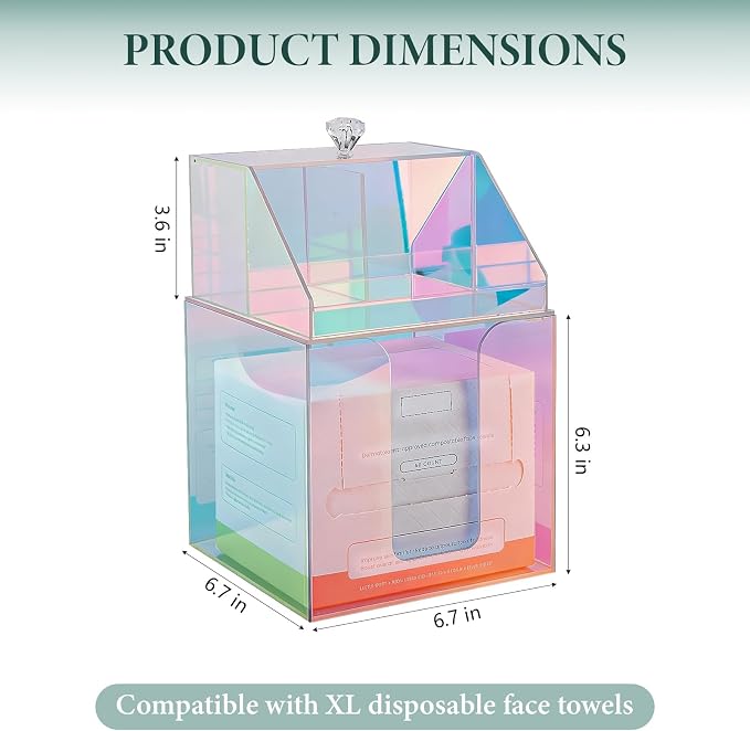 Disposable Facial Towels Storage Double Layer Acrylic Box, Glossy Rainbow | Face Towelettes Holder with Clean Skin Club Clean Towel XL Cotton Pads Container Qtip Bin for Bathroom Counter