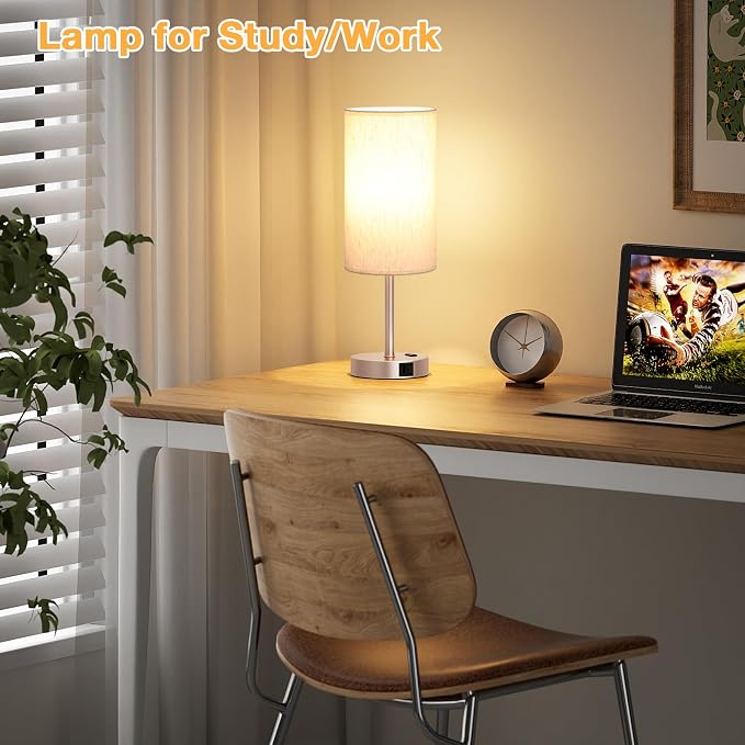 Dicoool 17.4" Bedside Lamp for Bedroom - Dimmable Touch, USB A+C, AC Outlet | LED Bulb Included, 3-Way Dimmable, 17.4" Table Lamp for Living Room, Dorm, Cream Fabric Lampshade, Antique White Metal Base