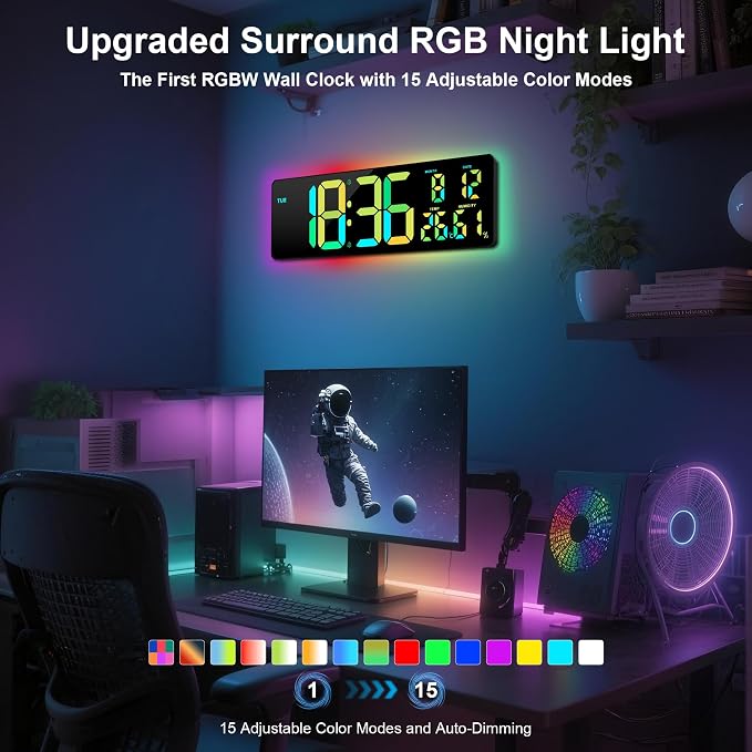17.3"Large Digital Wall Clock 15 Color Modes Display 8 Color Night Light | Large Number, Elderly-Friendly, Auto-Dimming/DST, Wall Mounted for Home Garage Gym Classroom Office,Gift for Senior Mom Dad