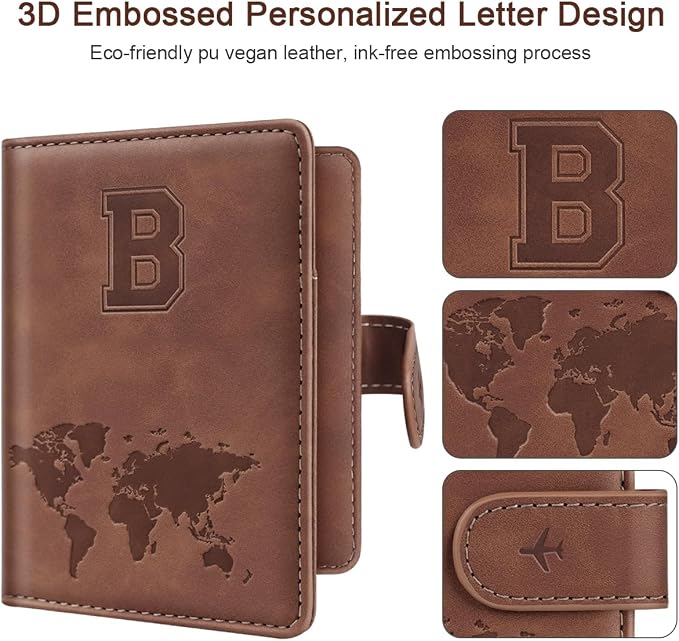 Passport Holder Wallet Cover Personalized Initial Travel Essentials | Embossed Letter A-Z Design, Travel Wallets, RFID Blocking, Passport Book Holders, Women Men, Personalized Gifts, Brown-B
