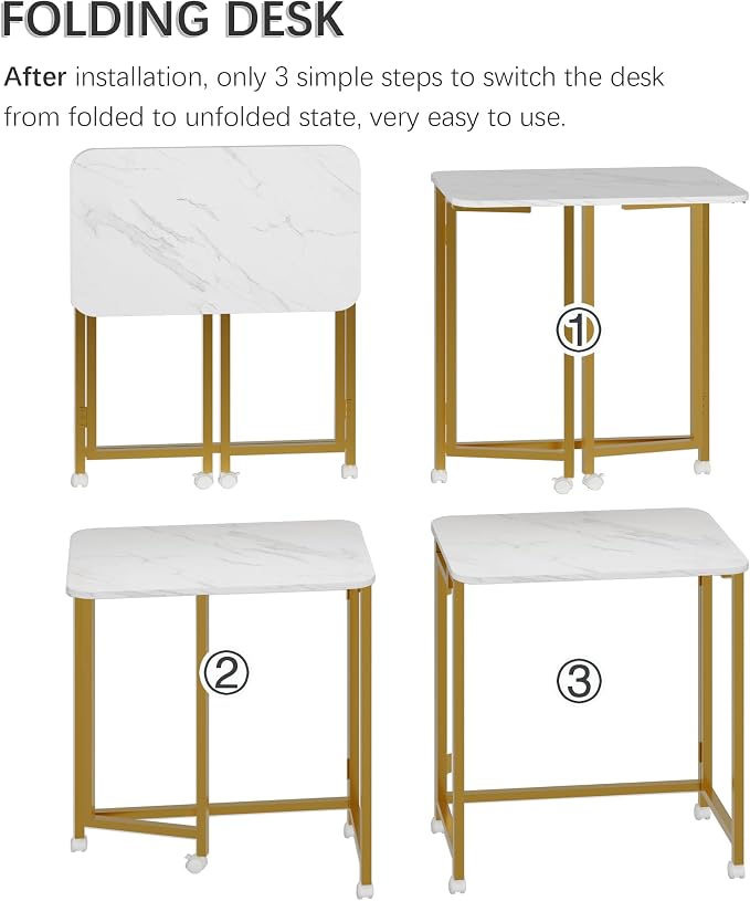 4NM 23.6" Mobile Small Rolling Computer Desk, Folding Laptop Cart Table with Wheels, Portable Office Desk for Small Space Couch Bed - White and Golden