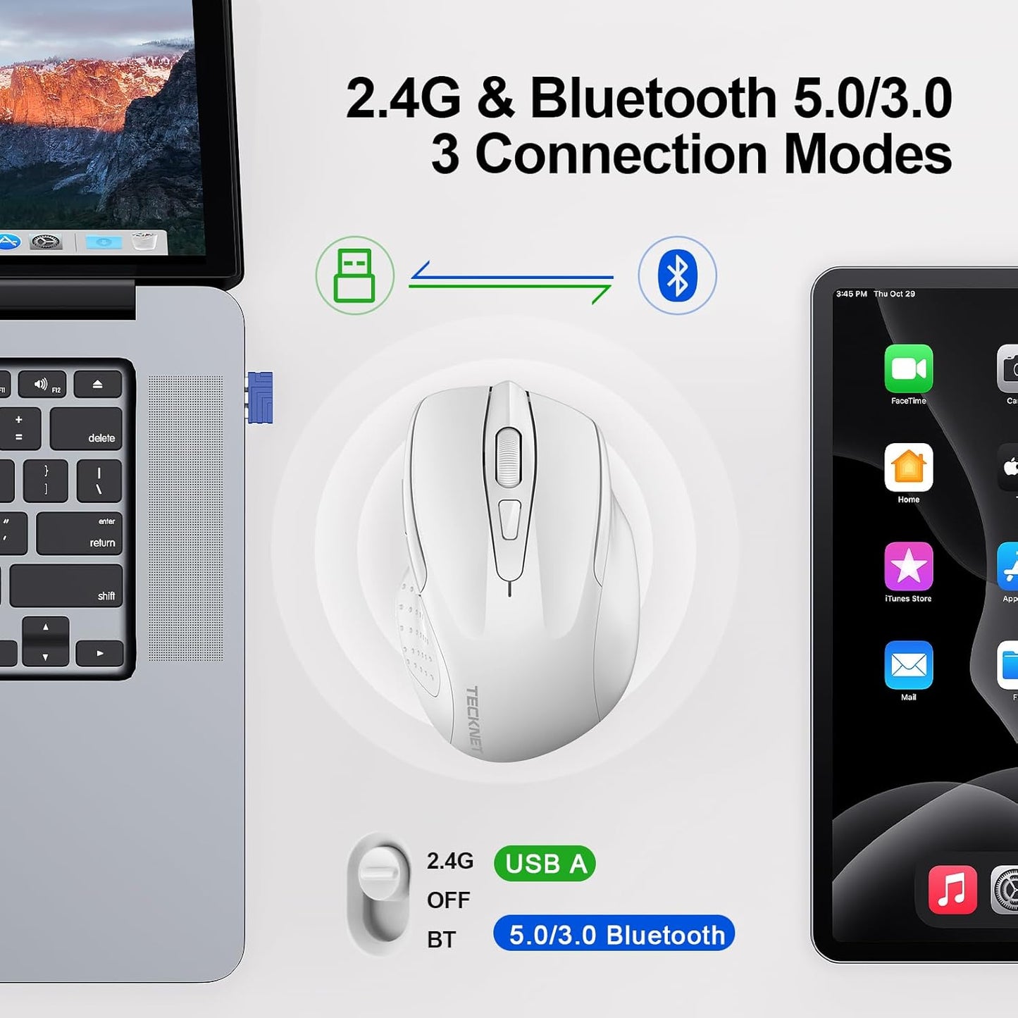 TECKNET Wireless Mouse (BT5.0/3.0 & 2.4G) Rechargeable 4800 DPI Silent USB A & Bluetooth Mouse 6 Buttons, Wide Compatibility - White