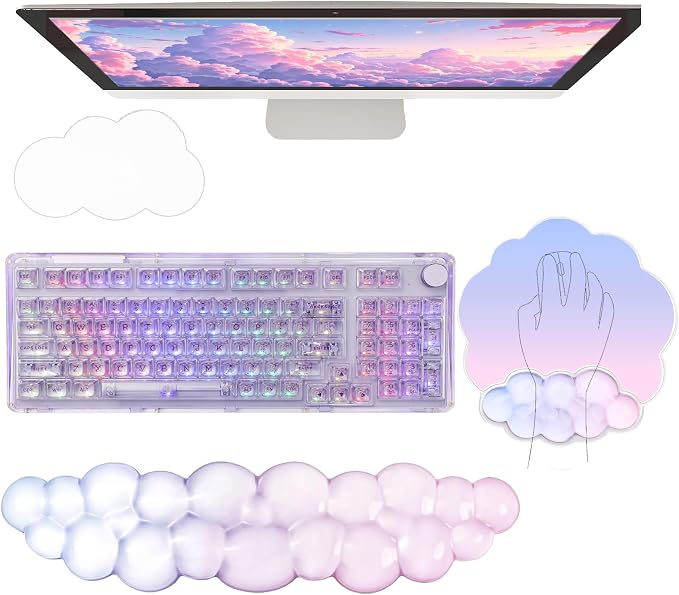 Gel Cloud Wrist Rest Keyboard Clear Mouse Pad with Wrist Rest Set 3PCS Ergonomic Acrylic Coaster Non-Slip Base Cute Transparent Cool Wrist Pad for Keyboard and Mouse Computer Gradient Pink Blue