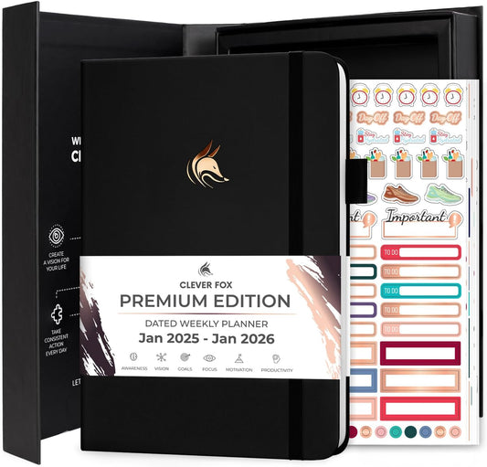 Clever Fox Dated Planner Premium 2025 – Weekly Agenda for Planning & Time Management –Notebook with Habit Tracker & To-do List (Black)