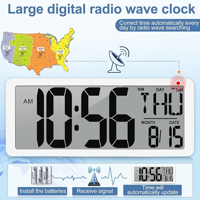 Atomic Clock 14.9" Digital Wall Clock Battery Operated Atomic Wall Clock Large Digital Alarm Clock with Day Date & Temperature for Wall Bedroom Living Room Classroom Home Office