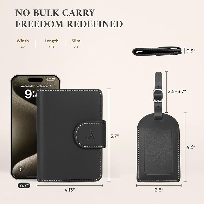 ALLIVE Passport Holder with Luggage Tag, Genuine Leather Passport Holder with AirTag Hidden Pocket, RFID Blocking Travel Wallet for Women & Men, Premium Gift Box, Ready to Gift – Gift Set (Black)