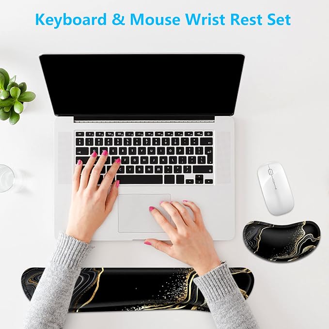 Dapesuom Enlarge Keyboard Wrist Rest, Memory Foam Wrist Cushion for Desk Mats Support, Marble Pain Relief Keyboard Mouse Pad Rests Set with Non-Slip Base for Gaming Laptop Office Computer, Black Gold