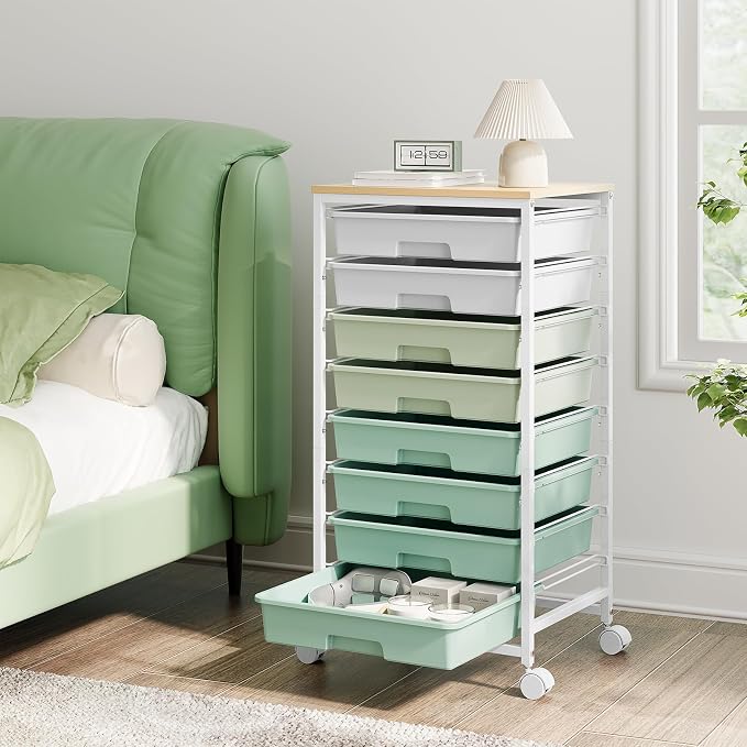 Storage Cart with 8 Drawers, Utility Cart with White Drawers and Wooden Tabletop, Craft Cart, Teacher Organization for Classroom, Storage Furniture, Office Organization, Green | Utility Cart on Wheels with Wooden Tabletop,Teacher Organization for Class...