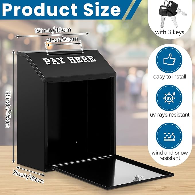 Yaocom Safe Metal Cash Box for Farm Stand – Money Drop and Secure Donation Collection, Wall Mount Lockable Unit with Pre Drilled Holes for Outdoor Self Serve(Black,18 x 15 x 7 Inch)