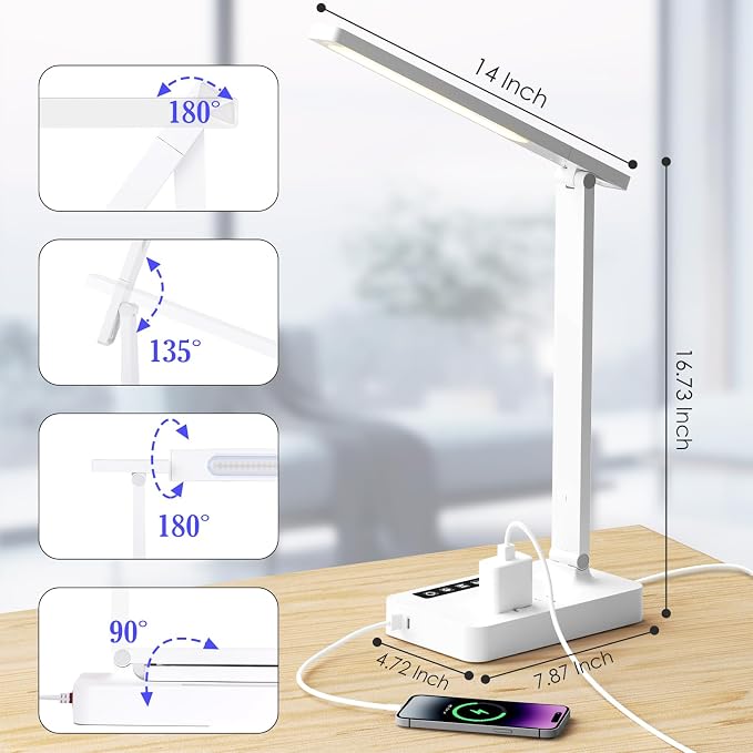 Infiway LED Desk Lamps for Home Office: Desk Lamp with USB Charging Port - 1 USB-A, 1 Type-C Ports, 2 AC Power Outlets, Touch Control Dimmable 5 Color 5 Brightness, Night Light(White)