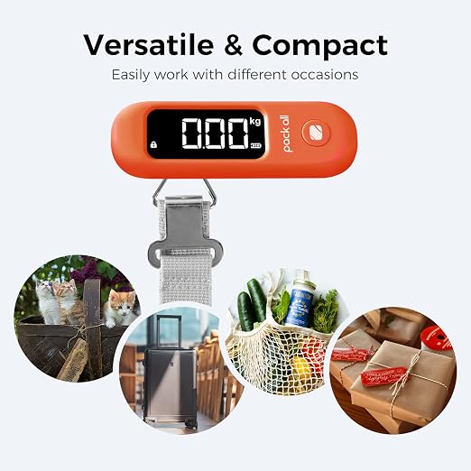 pack all Digital Luggage Scale for Travel, 110Lbs Capacity, 0.1Lb Precision | Handheld, Backlit LCD Display, Lb/Kg/Oz Conversion, Tare Function, Battery Included, Orange