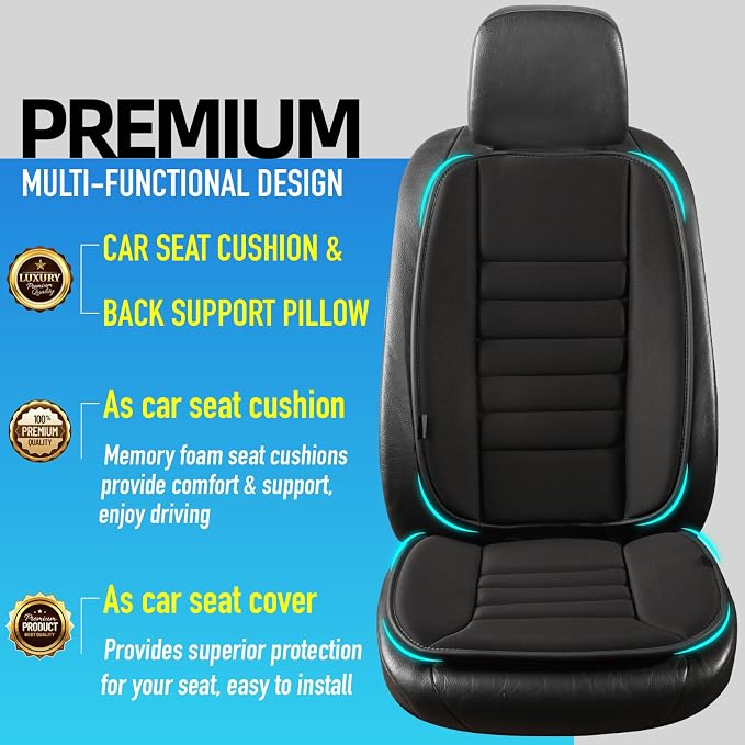 Lofty Aim Car Seat Cushion with Back Support Pillow, Driver Seat Cushion | Comfy Lumbar Support & Seat Cushion, Memory Foam Seat Cushion for Pain Relief, Butt Pillow for Car, Truck, Black