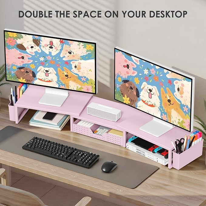Desk Organizers and Accessories, Dual Monitor Stand Riser with Drawer and 2 Pen Holders, Desk Shelf Computer Racks for Office Workspace Organizers, Desktop Organization (Pink)