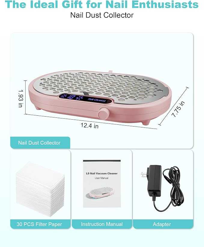Nail Dust Collector for Nail Tech, 4000RPM Brushless Nail Fan with Dual Turbo, 360° Suction Manicure Dust Vacuum Extractor for Acrylic Dip Gel Polish, Low Noise, 30 Filters—Pink