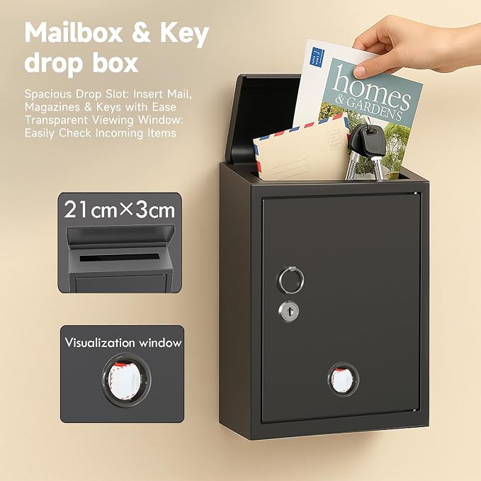 Wall-Mount Mailbox for Outside, Galvanized Steel Rust-Proof Mailboxes with Key, Key Drop Box, Large Locking Letter Box for House Porc, Front Door, Fence