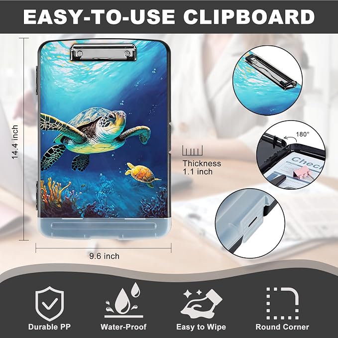 Clipboard with Storage,Heavy Duty Plastic Storage Clipboard with Low Profile Clip,Teacher Must Haves,Office Supplies,Ocean Sea Turtle Fish