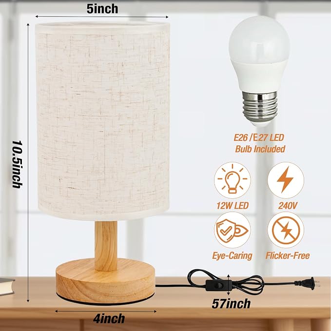Desk Lamp LED Bulb Included, Small Bedside Table Lamp Plug-in - Classic Wood Base with Flaxen Fabric Shade, Lamps for Night Stands, Simple Nightstand Light for Bedroom, Office, Desk