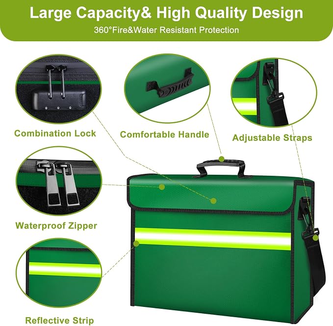 Large Fireproof Money Bags with Lock-6500°F Fireproof Document Box,10 Layers Insulation Materials&Waterproof Zipper,Removable Folder Layers/Wallet,Reflective Strip for Valuables(16.5”x 12.4”x 5.5”)