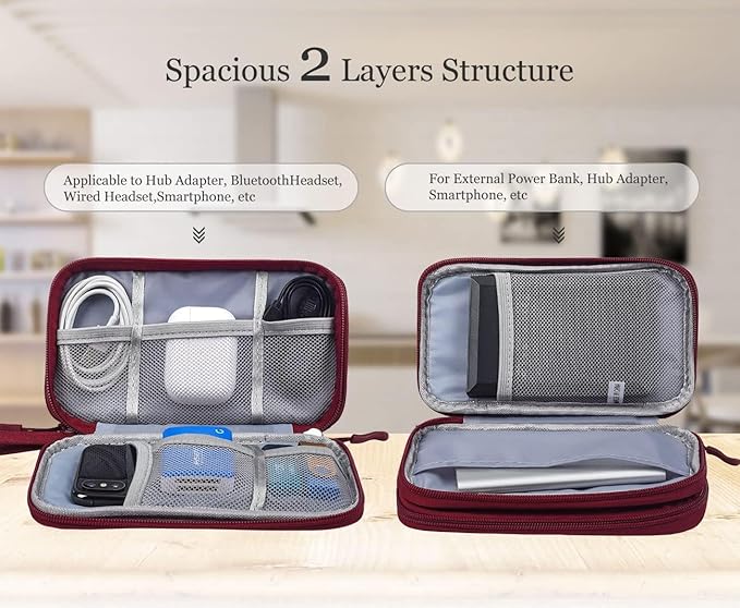 CAOODKDK Electronics Accessories Organizer Pouch Bag, Travel Universal Organizer for Cable, Charger, Phone, SD Card, Business Travel Gadget Bag (Wine Red)