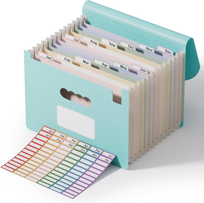 ThinkTex 12-Pocket Accordion File Organizer, Letter & A4 Size, 16 Colors | for Paper Receipts, Bills&Taxes Organizer, Portable Letter/A4 Size Document Holder for School, Office, Home