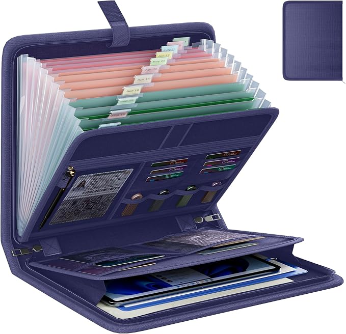 Fireproof Accordion File Organizer, Expanding File Folder with 13 Pockets | Portable Document Organizer with Waterproof Zipper & Labels, File Organizer for Important Document/Paper Storage, Blue