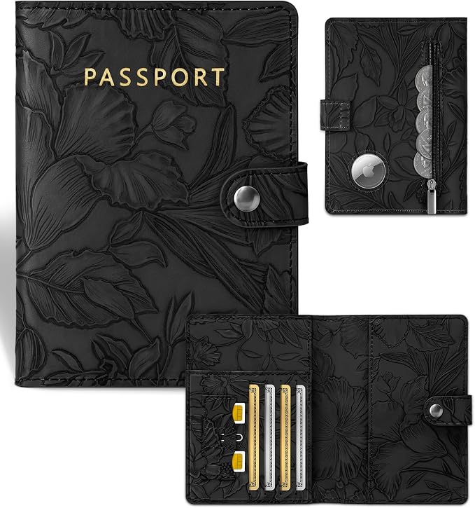 Slohif Elegant RFID Passport Holder for Travel with AirTag Matte Black | Floral Embossed Passport Wallet for Women, Slim Vegan Leather Travel Organizer with Money Pocket and Card Slots