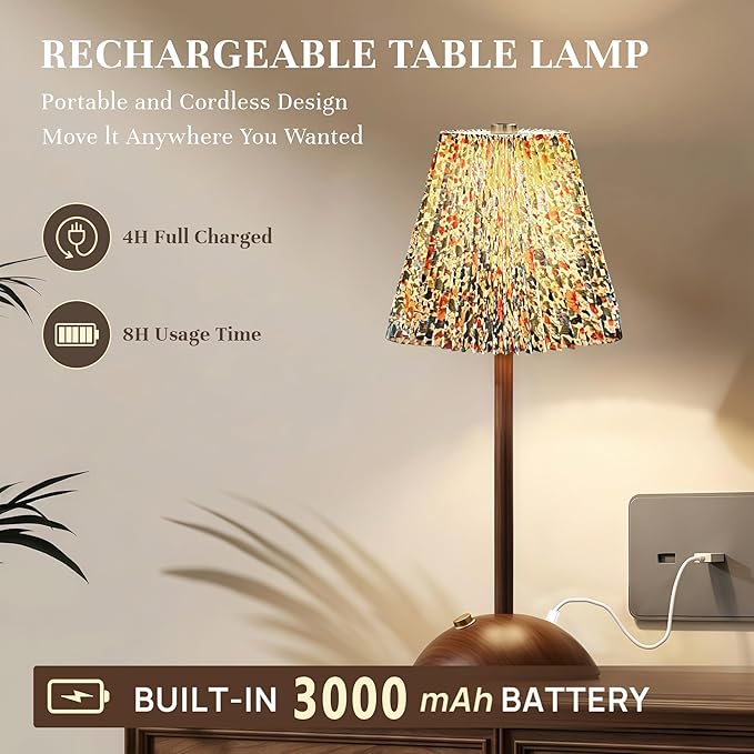 Small Vintage Cordless Table Lamp, Rechargeable Battery Operated Lamp with 3 Color Temperatures Stepless Dimming, Floral Bedside Nightstand Lamp for Bedroom, Living Room, Coffee Table, Bookshelf