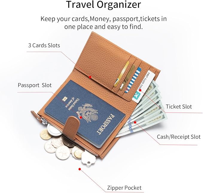 Passport wallet and Card Slot Combo RFID Blocking Leather Travel Passport Wallet for Men and Women with Zippered Coins Pocket Passport holder, Brown