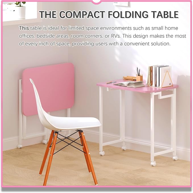 4NM 23.6" Mobile Small Rolling Computer Desk, Folding Laptop Cart Table with Wheels, Portable Office Desk for Small Space Couch Bed - Pink and White