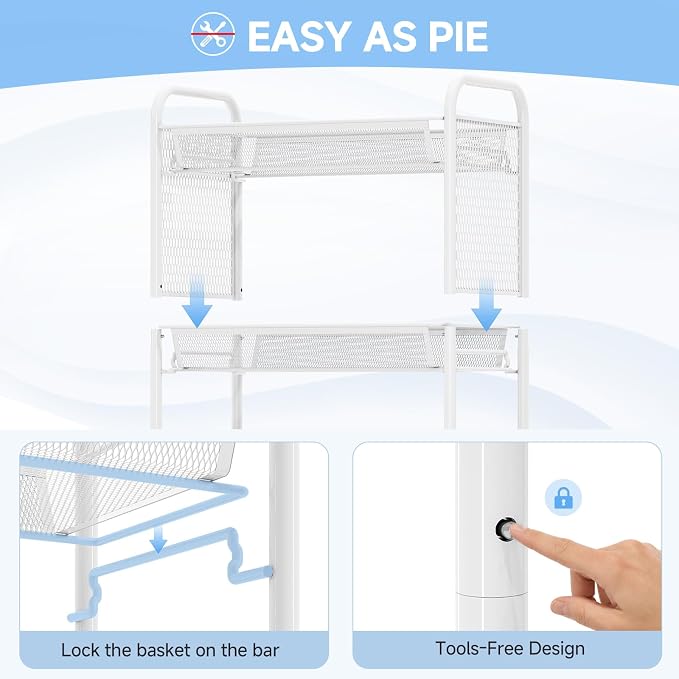 KINGRACK 5 Tier Rolling Cart, Metal Utility Storage Cart with Pegboard | Screwless Assembly, Lockable Wheels, 4 Hooks & 1 Bin, Mobile Organizer for Bathroom Kitchen Office Craft Room Laundry, White