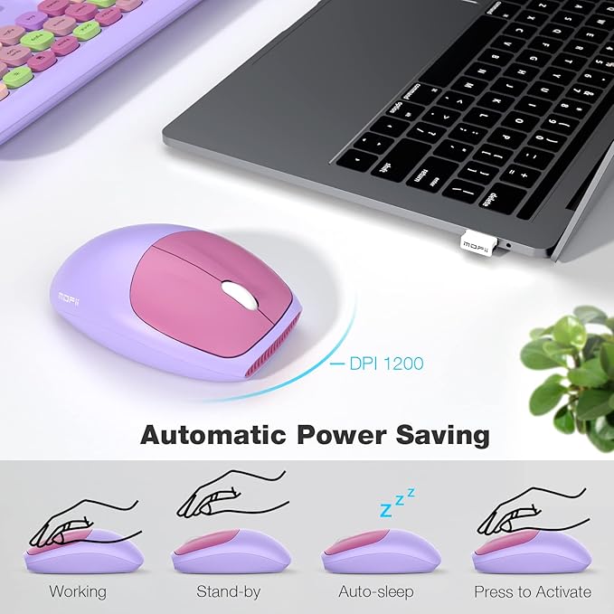 MOFII Wireless Keyboard and Mouse Combo, 2.4G Silent Cordless Slim Full Size Keyboard and Ergonomic Mice Set for Laptop, Desktop, MacBook, PC - Purple Colorful