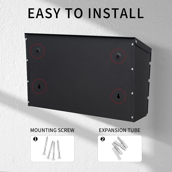 Wall Mount Mailbox for House Outside, Large Capacity Mailbox Drop Box, Galvanized Steel and Rust-Proof Metal Post Box, 15.74"x9.84"x4.33", Black, MD065