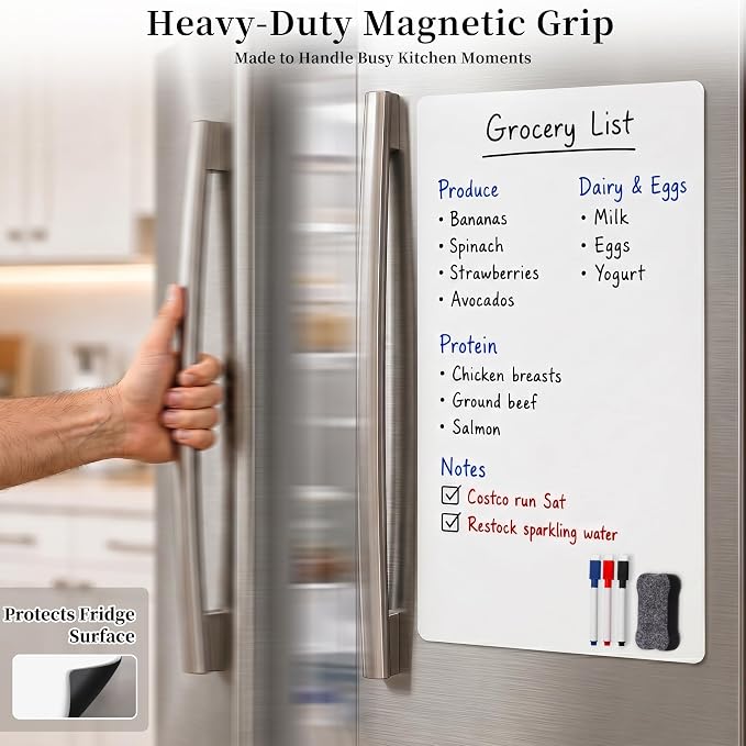 Magnetic Whiteboard for Kitchen Fridge: 2-Pack for a Clearer Week | Dry Erase Sheets for Shopping Lists & Weekly Menus - 12" x 18" Dual Purpose Refrigerator Set with 3 Markers & 1 Eraser