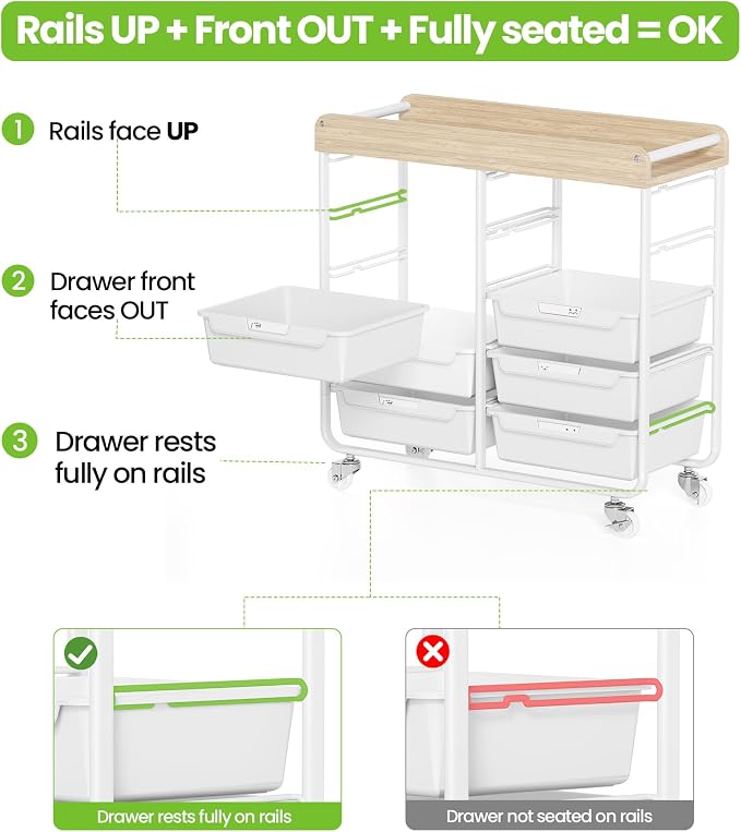 10 Drawers Rolling Cart with Wooden Tabletop, Utility Storage Cart with Wheels, Art Supply Craft Organizer on Wheel with Metal Frame & Handles for Home Office School (Pure White)