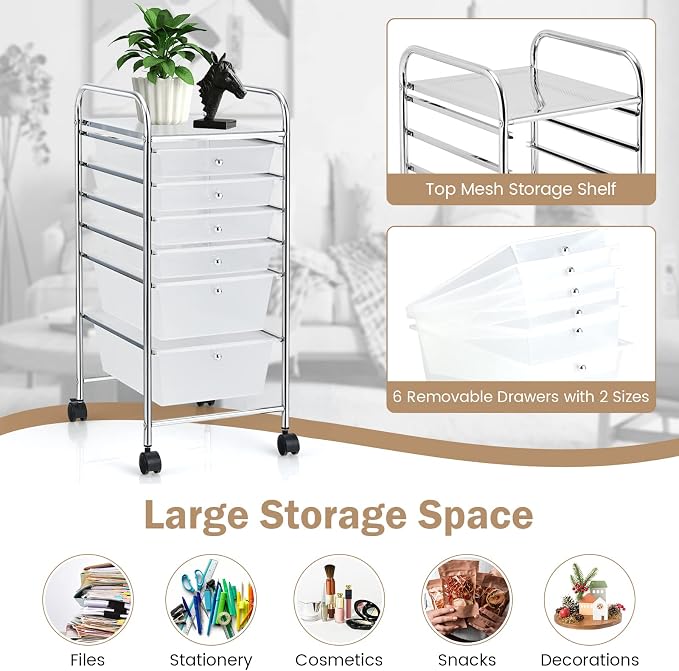 COSTWAY 6-Drawer Rolling Storage Cart, Art Craft Tools Organizer on Wheels | Multifunctional Heavy Duty Utility Mobile Storage Trolley w/ 2 Lockable Wheels for Home Office School (Clear)