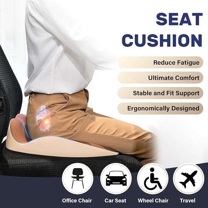 Coverado Lumbar Support and Car Neck Pillow, Ergonomic Memory Foam Desk Chair Cushion and Headrest Pillow for Car Office Chair, Sciatica & Neck & Tailbone Cushion-Black&Gray