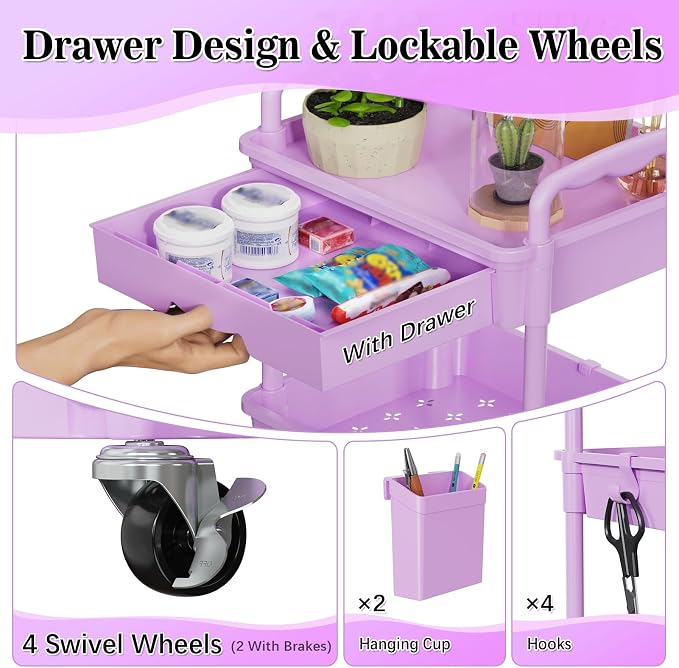 SUNALLY 4 Tier Rolling Cart with Drawer,Craft Storage Cart Organizer,Purple | Bathroom Storage Organizer with 2 Lockable Wheels, Rolling Utility Cart for Kitchen, Office, Baby, Makeup, Nail,Snack,Laundry