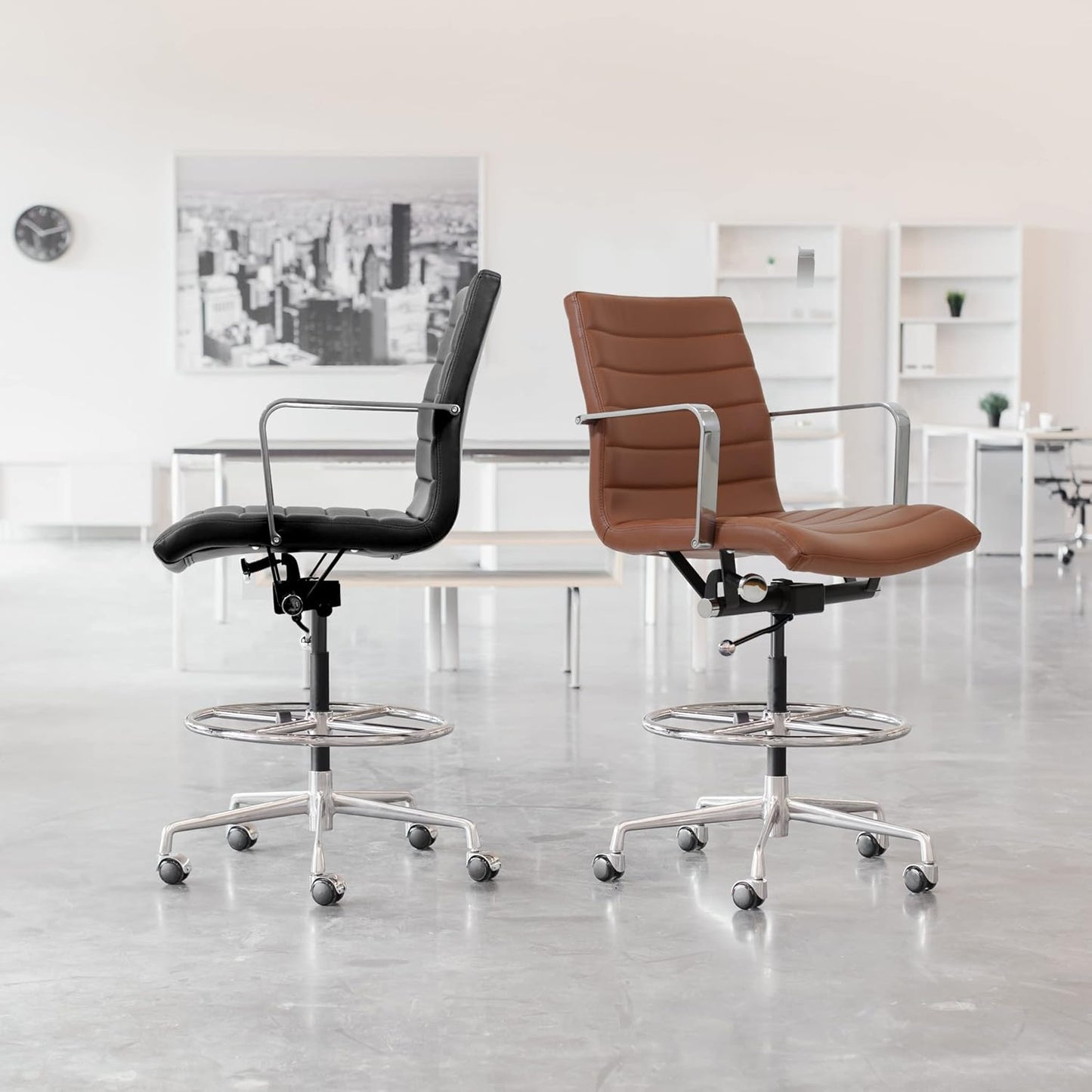 Laura Davidson Furniture SOHO II Ribbed Drafting Chair for Standing Desks, Standing Desk Chair - Ergonomically Designed, Commercial Grade Draft Height, Arm Rest & Cushion, Made of Faux Leather, Tan