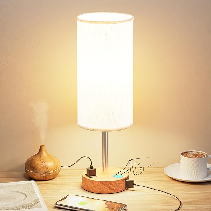 Bedside Table Lamp for Bedroom - Dimmable Touch, USB A+C, AC Outlet | 3-Way Dimmable, LED Bulb Included, Fabric Lampshade, Wood-Grain Metal Base, 14" Small Nightstand Lamp for Desk, Living Room