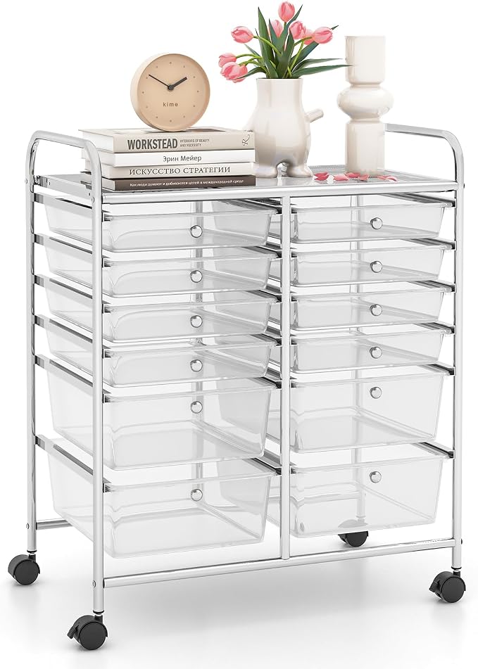 12 Drawer Rolling Storage Cart, Craft Cart Organizer on Wheels w/Metal Frame, Large Capacity & Smooth Drawer, Rolling Cart w/Drawers for Classroom, Office